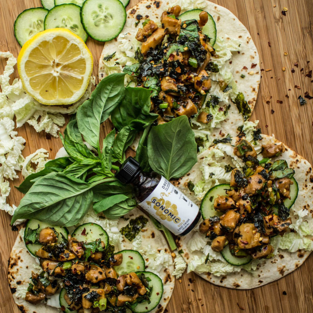 Sweet & Spicy Sesame Chicken & Basil Tacos