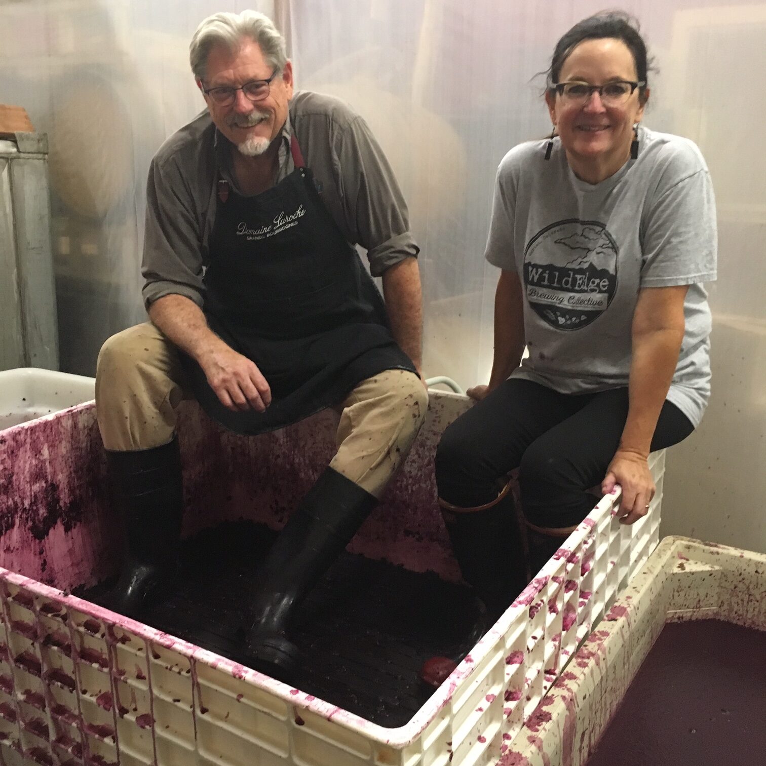 Matt and Gail taking a break from stomping grapes